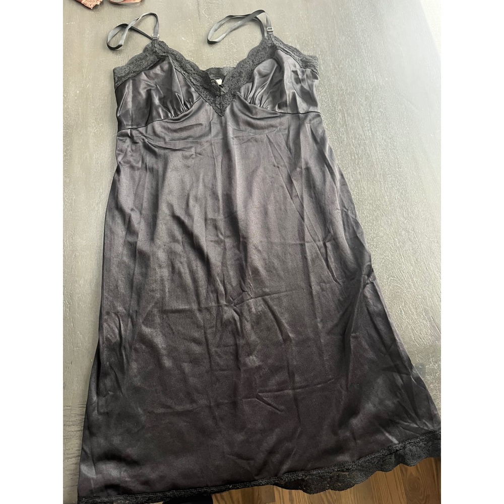 Vintage Sliperfection Black Satin Lace Trim Full Slip Dress Size 38 Made in USA